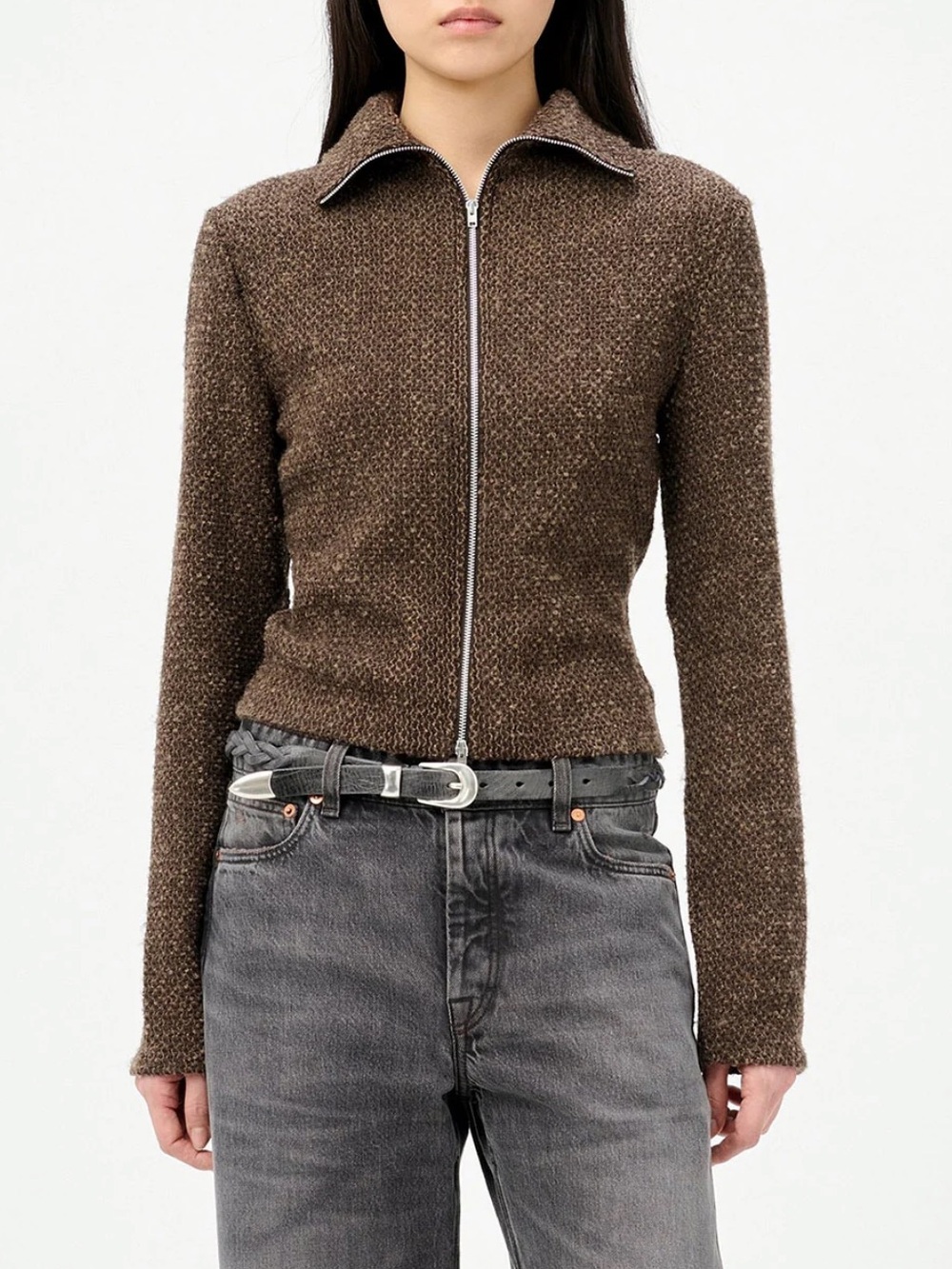 NWT Our Legacy Slim Zip Long Sleeve Wool Blend Jacket Brown Sparse Buckle Weave